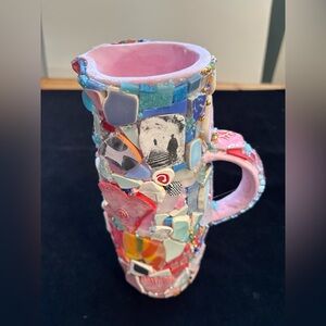 Handmade Clay & Mosaic Vase “Abundance “”Polymer Clay &Glass 10.5”x5